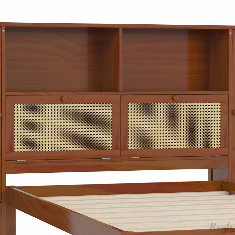 Lit plateforme multifonctionnel en rotin naturel, Noyer