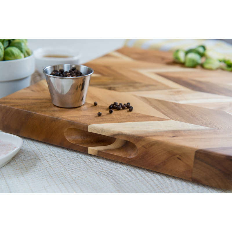 Acacia Herringbone Rectangular Cutting/Serve Board With Inset Handles, Large