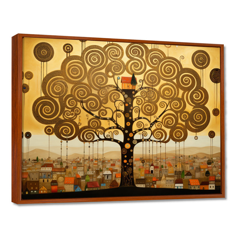 Art nouveau, arbre en spirale Pittoresque Town I - arbre, art mural de salon, Cadre flottant brun, bois massif