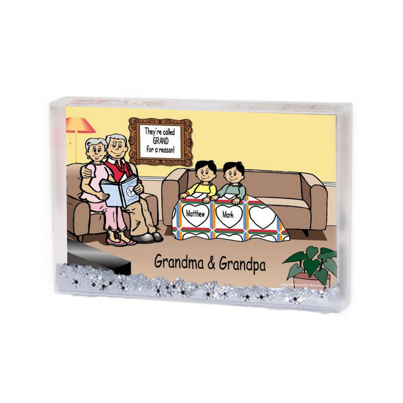Personalized Grandma & Grandpa Reading 2 boys MINI Snow Globe Frame Gift, 2.5" H x 3.75" W x 1" D, Yes