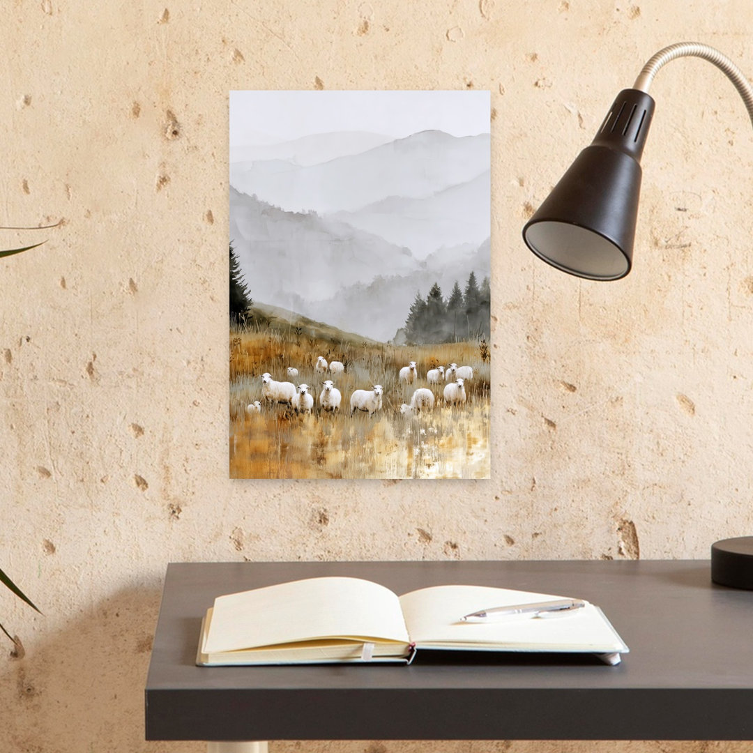 Misty Mountain Sheep Peaceful Serene Tranquil Forest Landscape Wall Art Print
