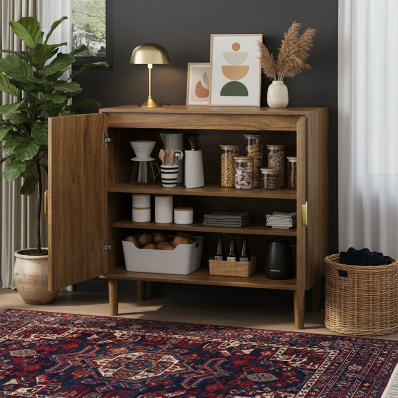 Buffet en bois de noyer de 31,5 po de largeur avec portes à rainures - Buffet multifonction avec tablette réglable à 3 hauteurs - Bar à café moderne - Noyer