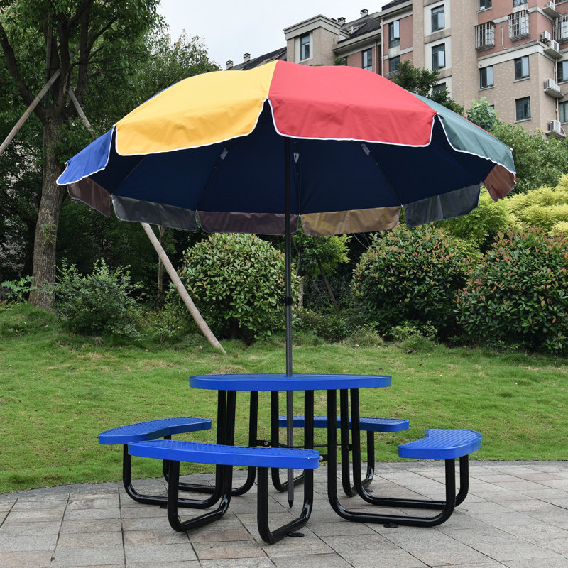 Table de pique-nique d'extérieur en acier de 46 po, bleu, avec porte-parapluie, idéale pour les pique-niques, le camping, le barbecue, le support de table de pêche bleu, une table convenable,