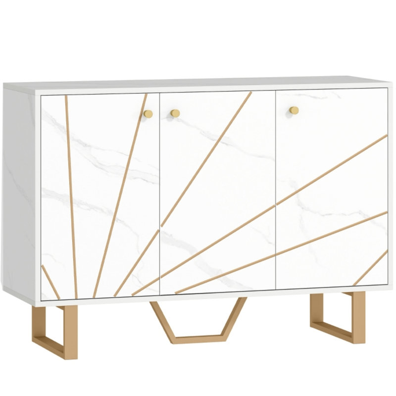 White Marble Effect Sideboard, 3-Door Luxury Storage Cabinet with Gold Metal Legs