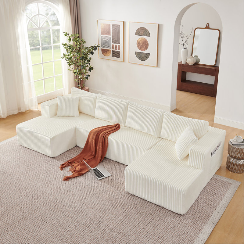 Canapé modulaire en forme de U de 132 po, canapé-lit Comfy avec poches latérales, canapé-lit en mousse à mémoire de forme minimaliste moderne en velours côtelé pour salon, aucun assemblage requis, beige