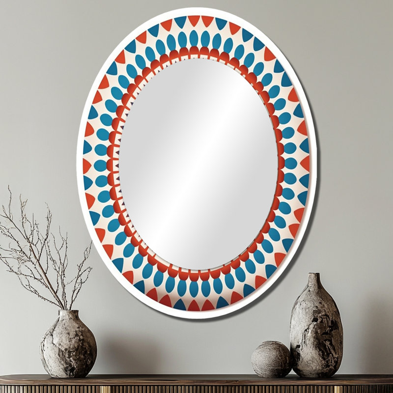 Exquisite Mandala In Retro Blue And Orange II - Blue Oval Wall Mirror Decor, 40" x 30"