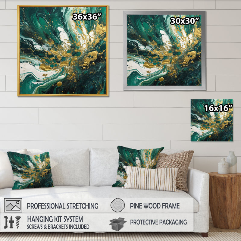 «Green And Gold Serene Cascade I», reproduction sur toile, H 36 po x l 36 po x P 1,5 po, Cadre photo noir simple