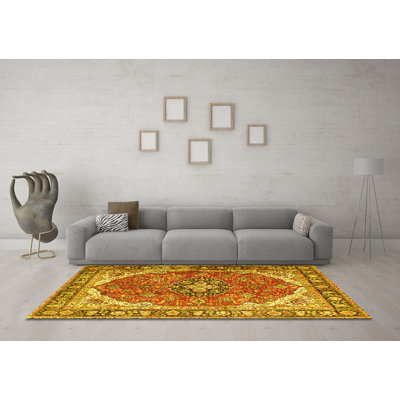 Tapis oriental jaune / orange / olive en polyester / chenille tissé à la machine