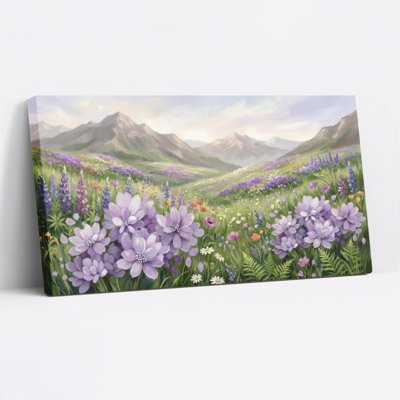 Fleurs mauves et montagnes, peinture à l'huile sur toile tendue, art mural