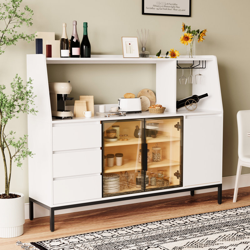 Buffet à grande capacité avec 3 tiroirs, porte en verre et porte-gobelet pour la vaisselle de cuisine