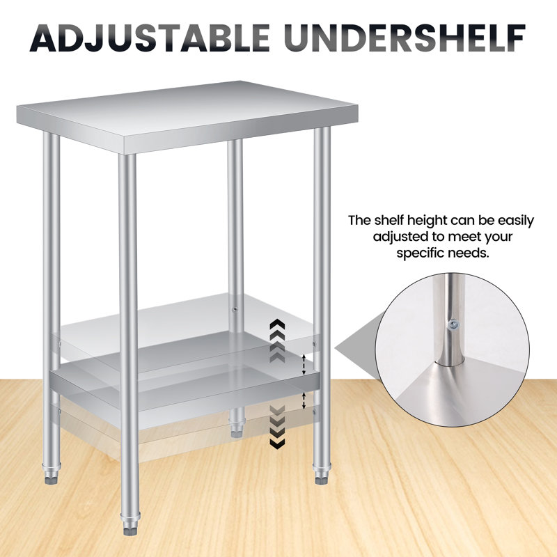 Établi utilitaire en acier inoxydable sans roulettes, chariot roulant double couche 14 po x 24 po avec tablette réglable