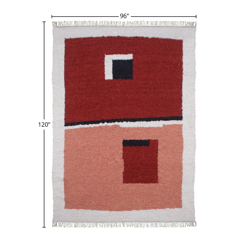 Tapis abstrait rectangulaire en polyester tissé à plat à la main en noir / rouge / gris, Rectangulaire 8 pi x 10 pi