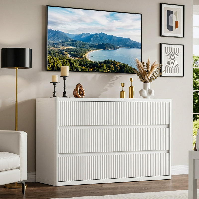 48" W White Modern Curved Chest of Drawers, Fluted Dresser, White