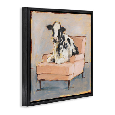 «Baby Cow on Pink Couch», art mural encadré sur toile flottante par Ethan Harper