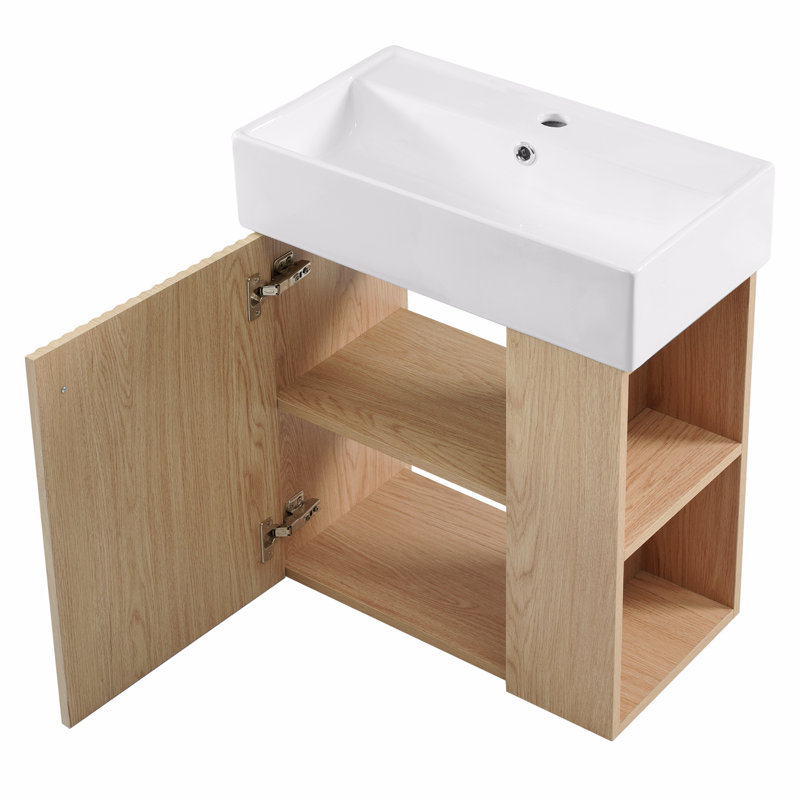Meuble-lavabo flottant moderne 21,6 po avec lavabo en céramique, Brun