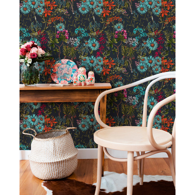Hippie Spirit Floral Wallpaper Roll, Black/Green/Blue/Red