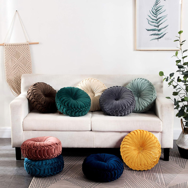 Velvet Round Throw Pillow for Couch Decor 15-Inch (Set of 2), Yellow