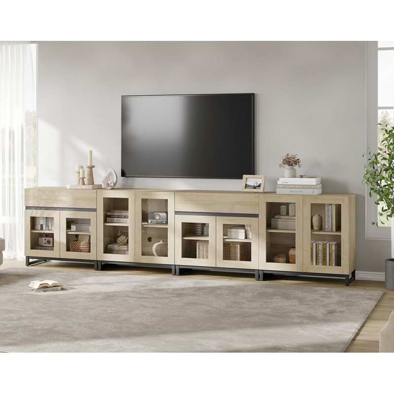 4 In 1 TV Stand For Tvs, Modern TV Console With Glass Doors And 2 Drawers, Media Console With Adjustable Shelf For Living Room