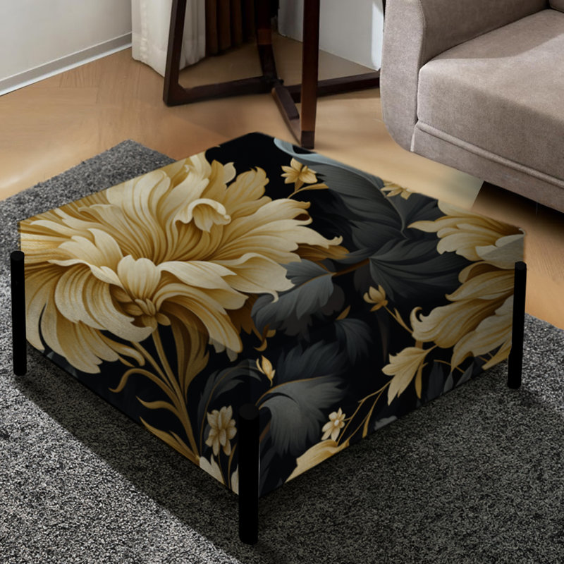 Luxueux damas noir et beige à motif de fleurs - Grand repose-pieds carré damassé