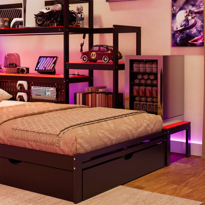 Lit de jour simple pour lit avec bureau intégré et lumière DEL, base de lit en bois moderne avec 3 tiroirs de rangement et station de charge intégrée, bibliothèque multifonctionnelle pour tête de lit