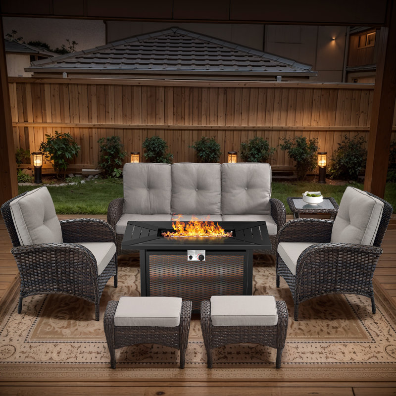 Aluel 7-Pieces Outdoor Wicker Patio Conversation Furniture Set with Rectangular Fire Pit Table, Beige