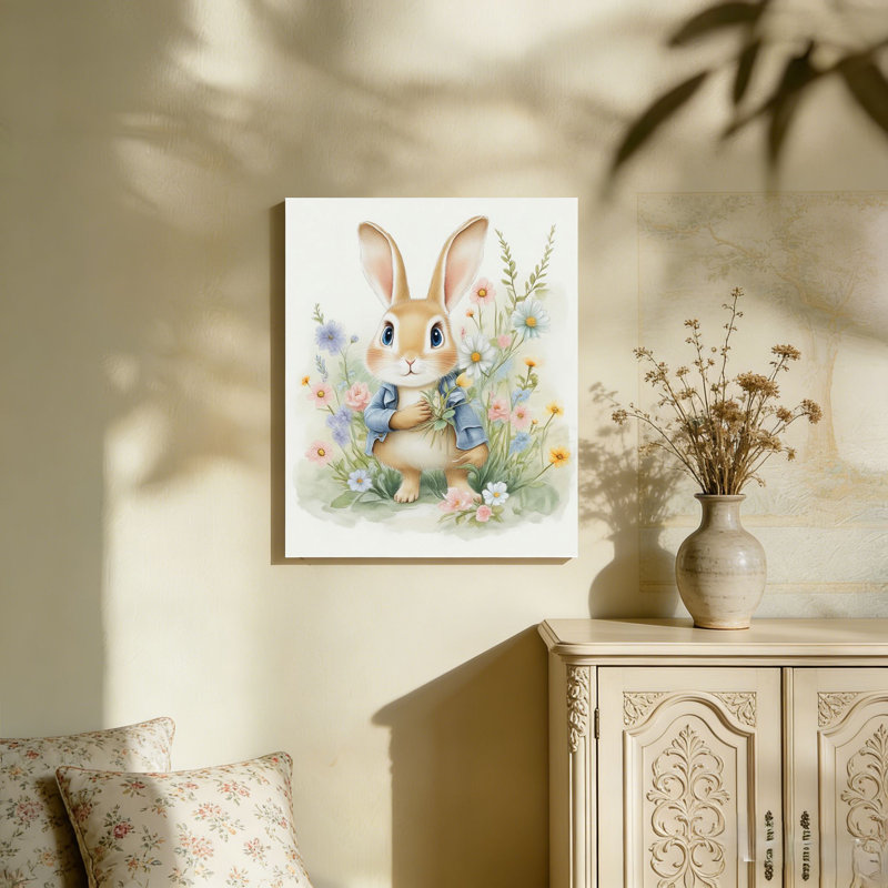 Mignon lapin avec fleurs, art mural non encadré, L 36 po x l 24 po