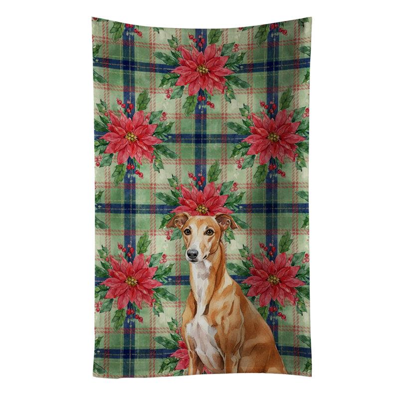 Red Greyhound Christmas PoinsettIas Kitchen Towel, Red Greyhound