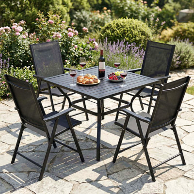 Ensemble de table de salle à manger d'extérieur, table carrée noire en métal de 37 pouces avec 4 chaises pliantes