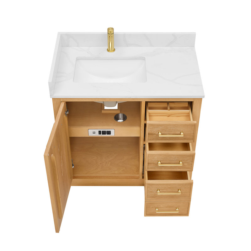 Meuble-lavabo simple 36 po Carrasco en chêne naturel brun avec plateau en pierre de quartz blanc soyeux, Chêne brun naturel