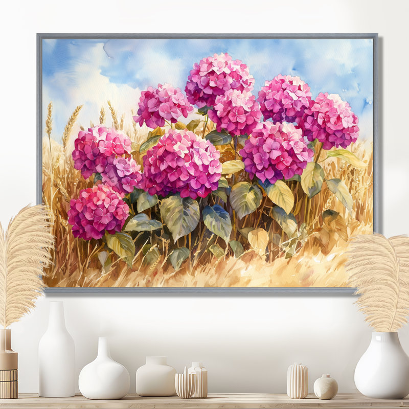 Hortensias dans le champ de céréales II - hydrangées, décoration murale, H 30 po x l 40 po, Avec cadre, Argent argent