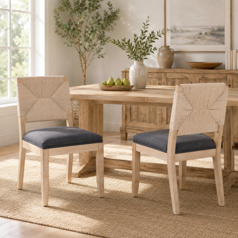 Ensemble de 2 chaises de salle à manger en bois naturel avec dossier en corde tissé géométrique et siège rembourré gris