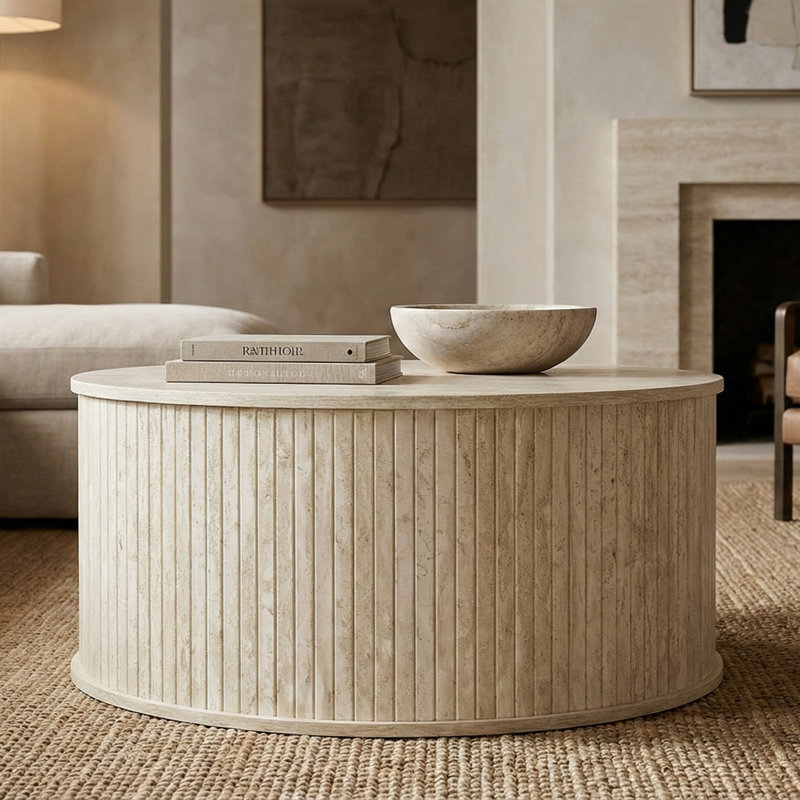 Aurel Modern Fluted Round Living Room Coffee Table, Beige Brown