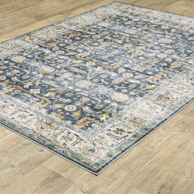 Tapis décoratif antidérapant bleu / doré Annegrethe, Rectangle 3 pi 6 po x 5 pi 6 po