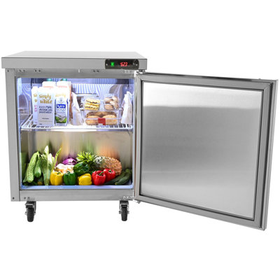 28-inch Stainless Steel Undercounter Refrigerator, 7.4 Cubic Feet, with Fan-Assisted Cooling and Lockable Single Door, Ideal for Food Preparation Areas and Bars