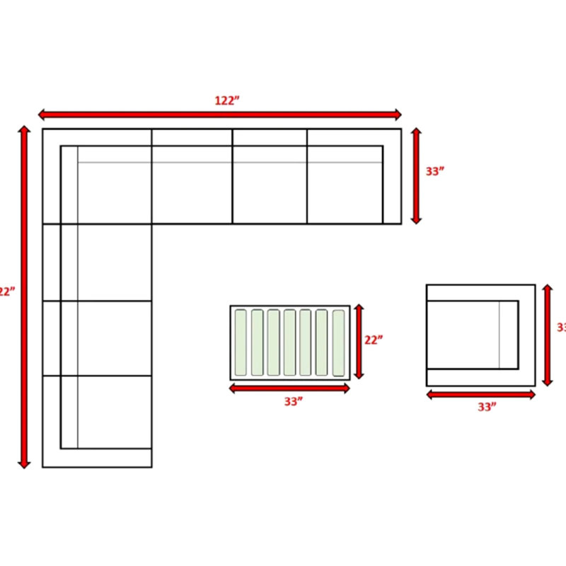 Ensemble de 7 sièges modulaires d'extérieur avec et coussins, pré-assemblé, haute performance, structure rouille, 5 po d'épaisseur, pieds en nylon Scratch, esthétique en aluminium pré-assemblé de style moderne