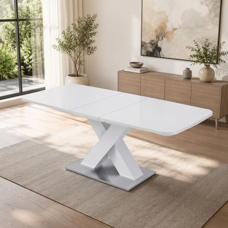 Table de salle à manger rectangulaire, extensible, plateau de table + pied de table en MDF en X avec base en métal
