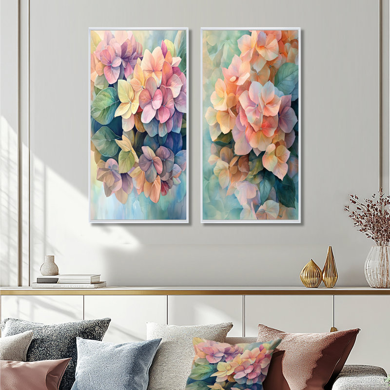 Hydrangées abstraites, été, réflexion I - impressions sur toile florales, 2 pièces, H 40 po x l 41 po, Cadre flottant blanc