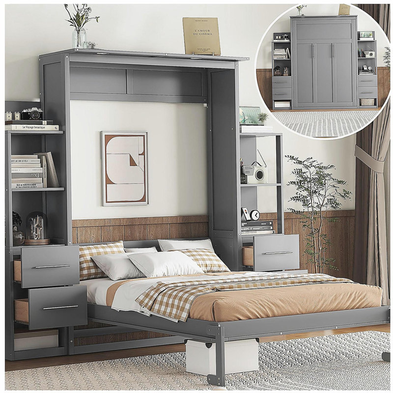 Lit double mural avec tablette, tiroirs et lumières DEL - gris, Grey, Double