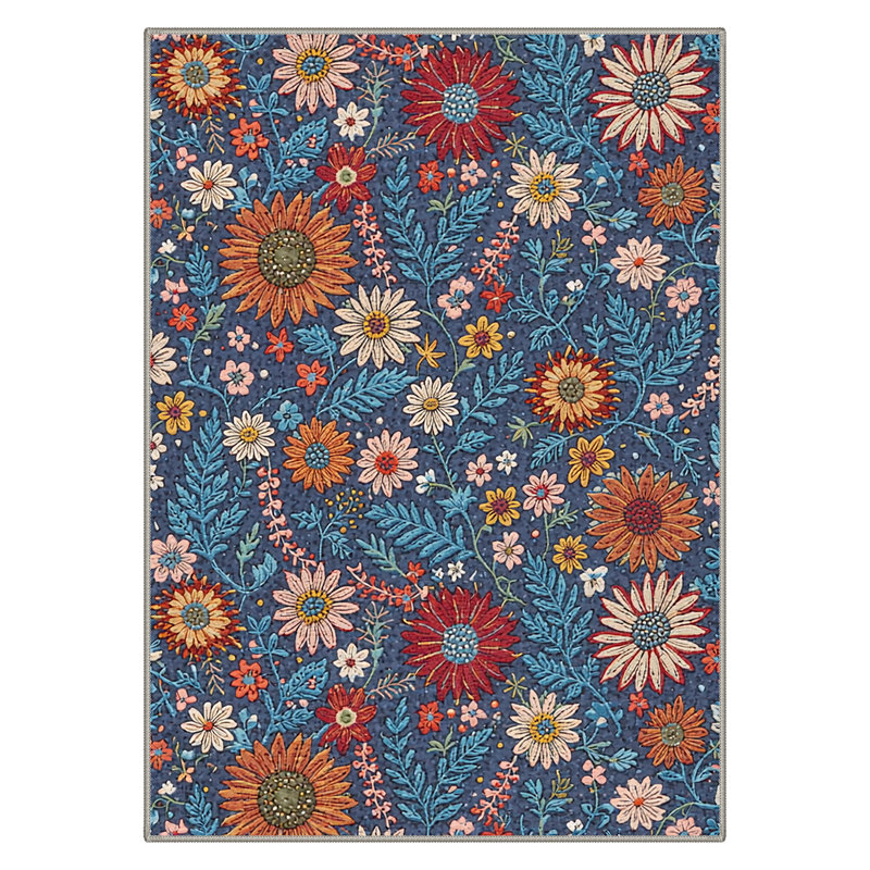 Aura Floral Machine Washable Blue / Red / Orange Indoor Area Rug with Non-Slip Backing, Rectangle 8' x 10'