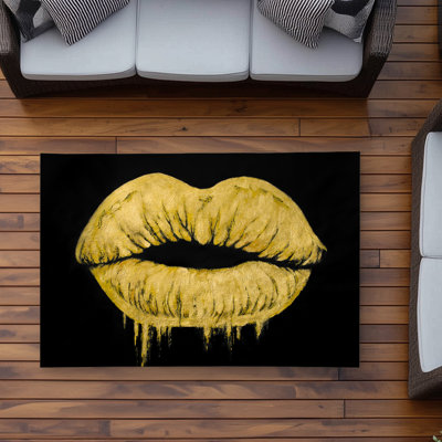 Golden Lips Black Bedroom Outdoor Area Rug - Home Decor