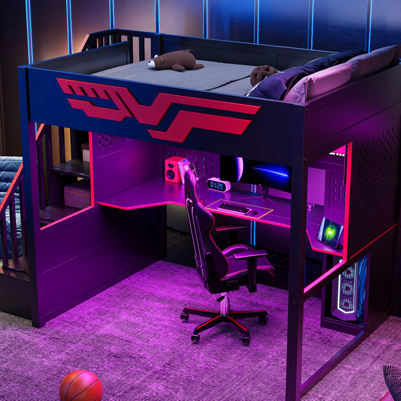 Lit mezzanine double avec bureau, escalier de rangement, lumières à DEL et, idéal pour les joueurs, espace de vie multifonctionnel de taille, cadre combinant des fonctions