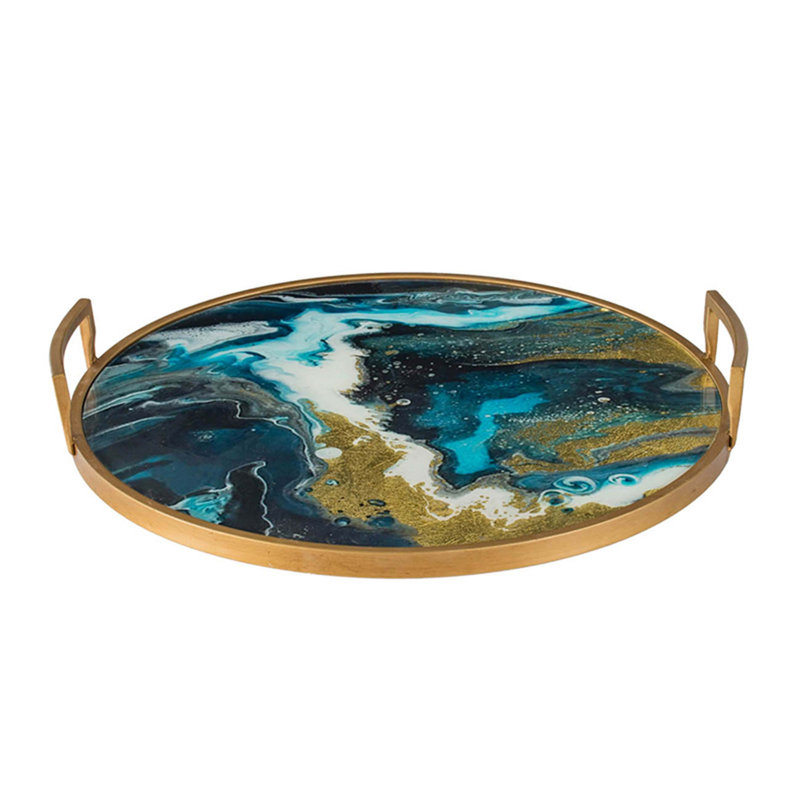 Plateau à miroir rond 20,9X20,1X3,1 "avec motif artistique et poignées bleues et dorées