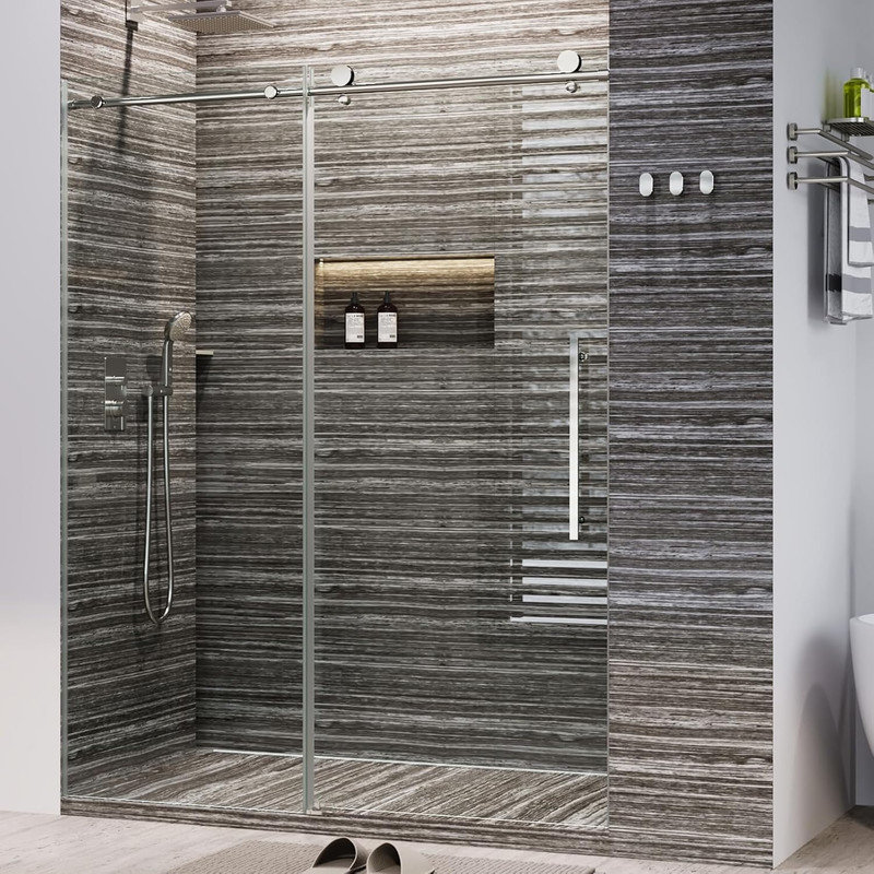56-60" Frameless Shower Glass Door with Waterproof Seal, 8mm Tempered Glass & Stainless Steel, Brushed Nickel
