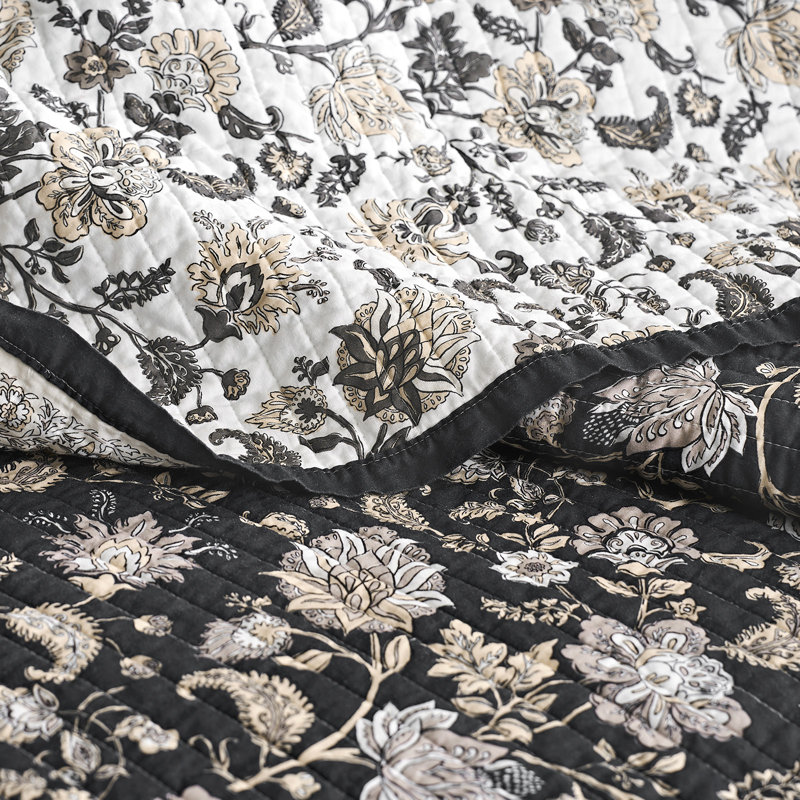 Ensemble de courtepointe 100% coton, Courtepointe très grand et 2 très grandes taies, Ébène taupe floral