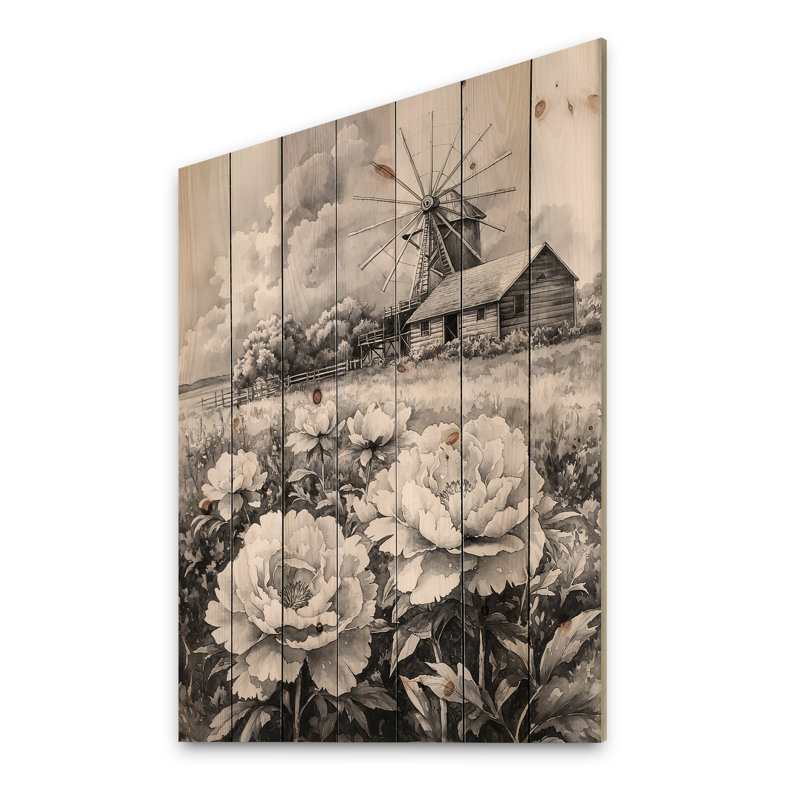Monochrome Peonies At The Barn - Peonies Wood Wall Decor - On Natural Pine Wood, 32" H x 24" W x 0.78" D