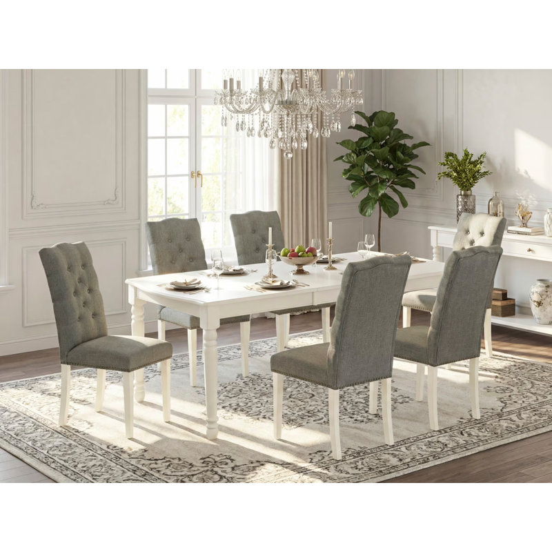 Ensemble de table de salle à manger 7 pièces 7 pièces, Lin blanc, Fumée, 7 pièces : 1 table, 6 chaises