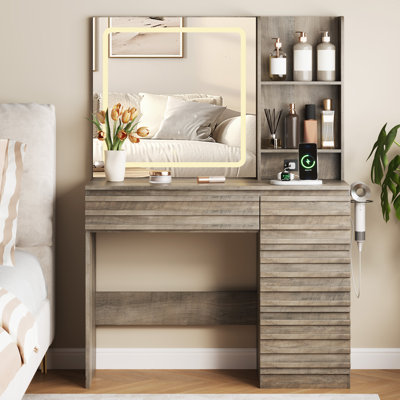 Coiffeuse cannelée avec miroir DEL, 4 tiroirs et prise électrique