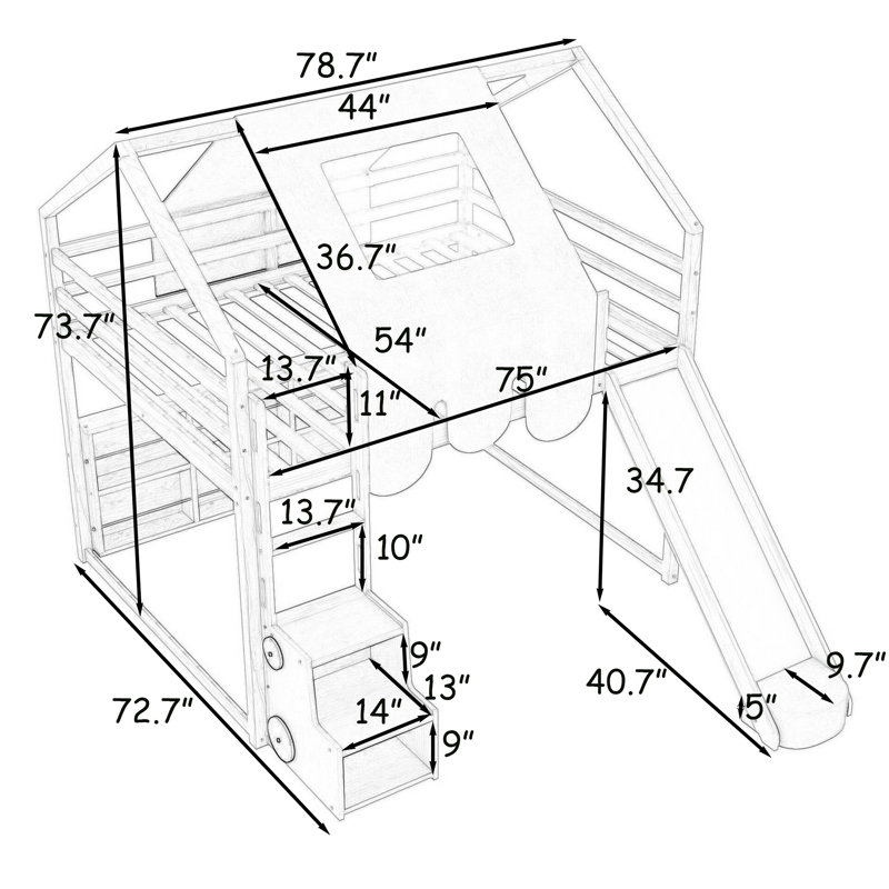 Wooden House-Shaped Loft Bed With Slide And Shelves, Natural/Beige, Full