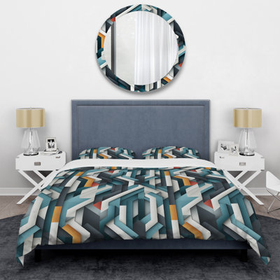 Blue Structured Chic Geometric Melody - Ensemble de housse de couette géométrique