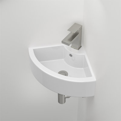 18 X13 Inch White Triangle Porcelain Ceramic Wall Mount Vessel Sink With Single Faucet Hole & Overflow